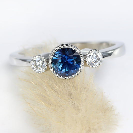 Platinum Deep Blue Sapphire and Diamond Trilogy Engagement Ring
