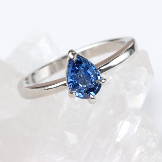 Platinum Pear Shape Blue Sapphire Solitaire Engagement Ring