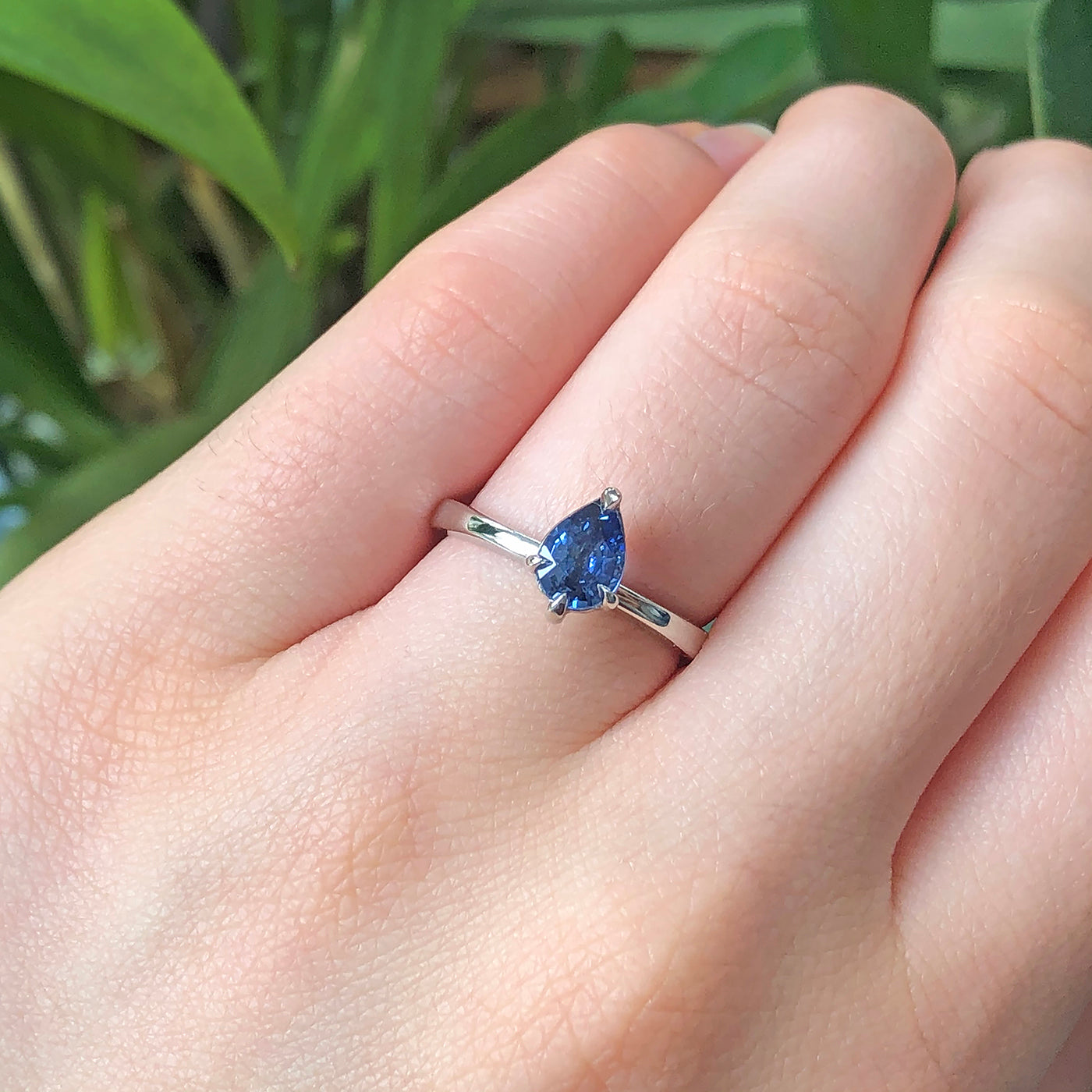 Platinum Pear Shape Blue Sapphire Solitaire Engagement Ring