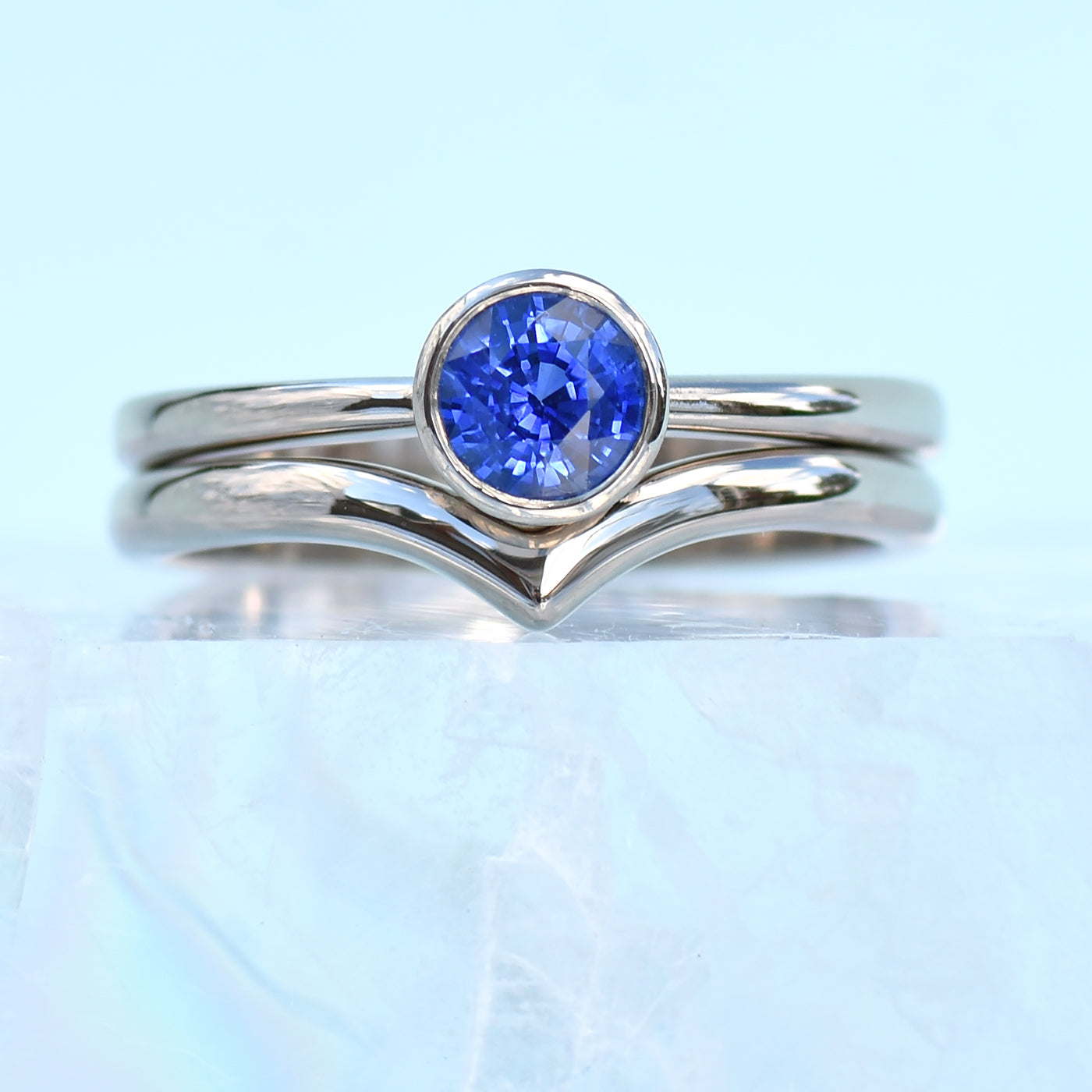 blue sapphire white gold stacking ring set