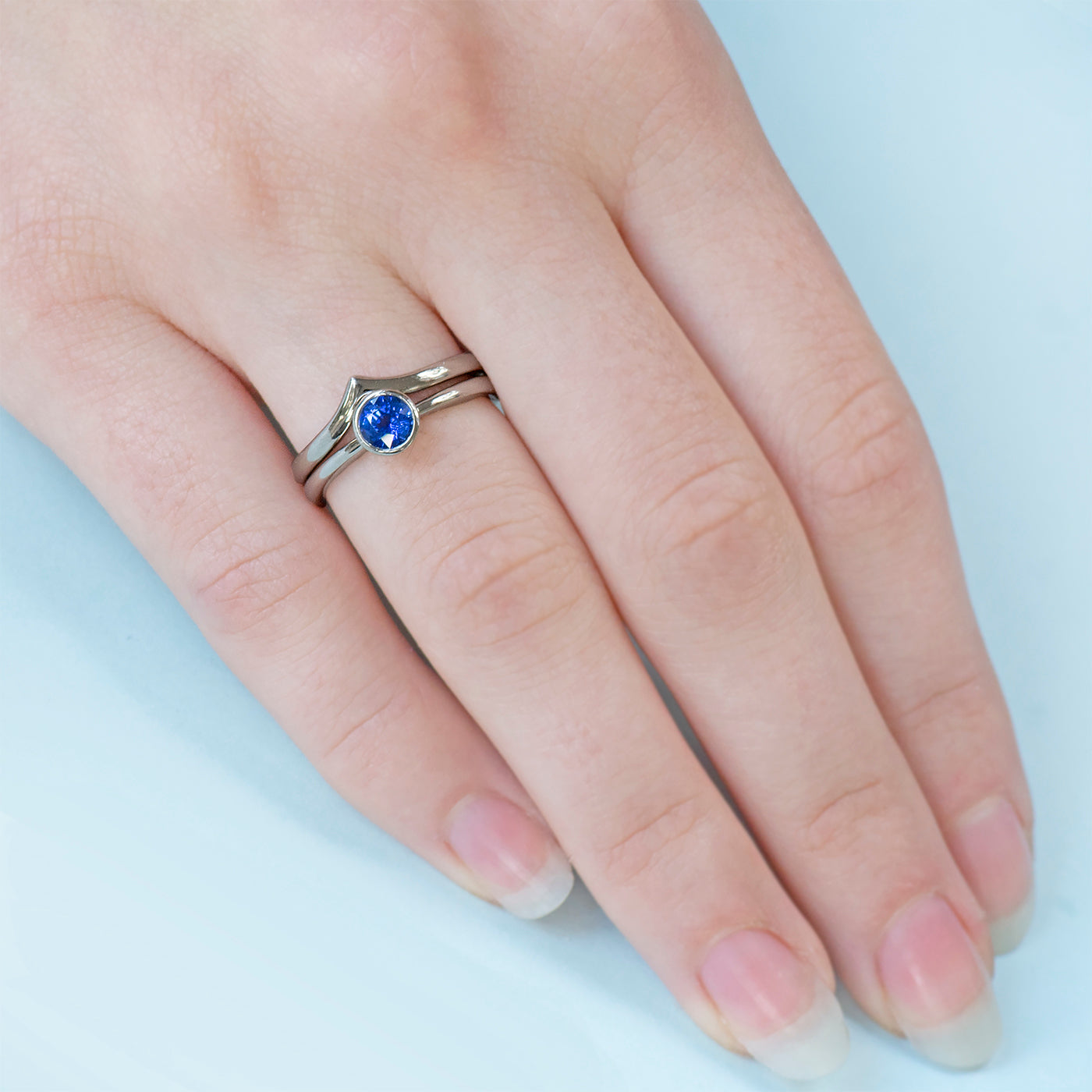 18ct white gold blue sapphire wedding & engagement ring set