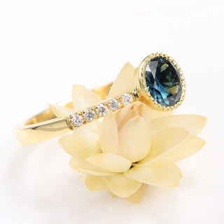 Bespoke Newlyn 18ct Gold Parti Sapphire & Pavé Diamond Band Solitaire Engagement Ring