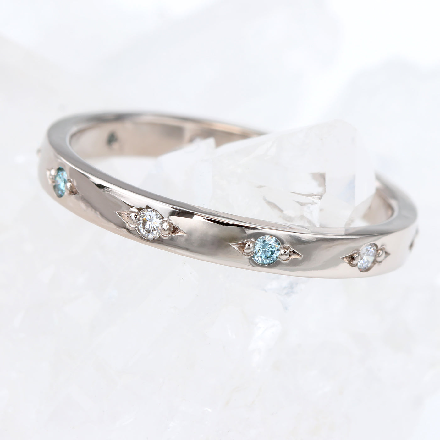 Custom Platinum Eternity Ring, Bead Set with Blue and White Diamonds