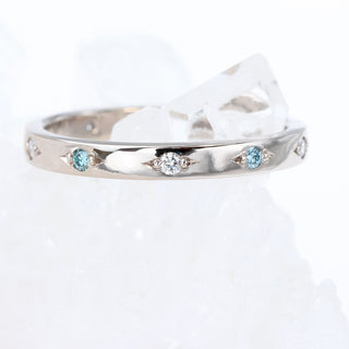 Custom Platinum Eternity Ring, Bead Set with Blue and White Diamonds
