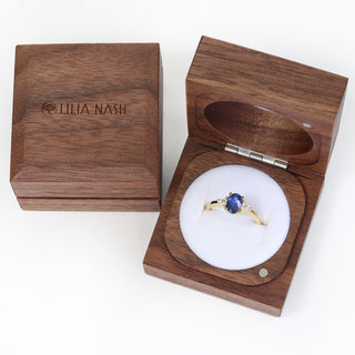 Lilia Nash engagement ring presented in handmade wooden ring box.