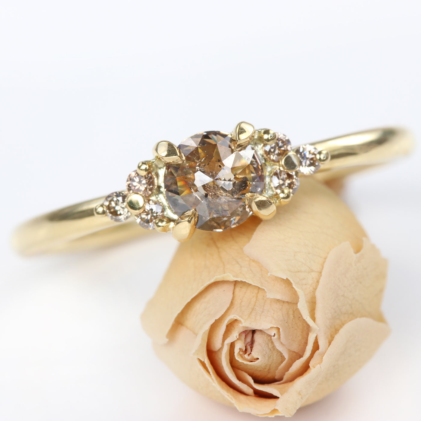 18ct Gold Champagne Diamond Cluster Engagement Ring (Size K 1/2, Resize I 1/2 to L)
