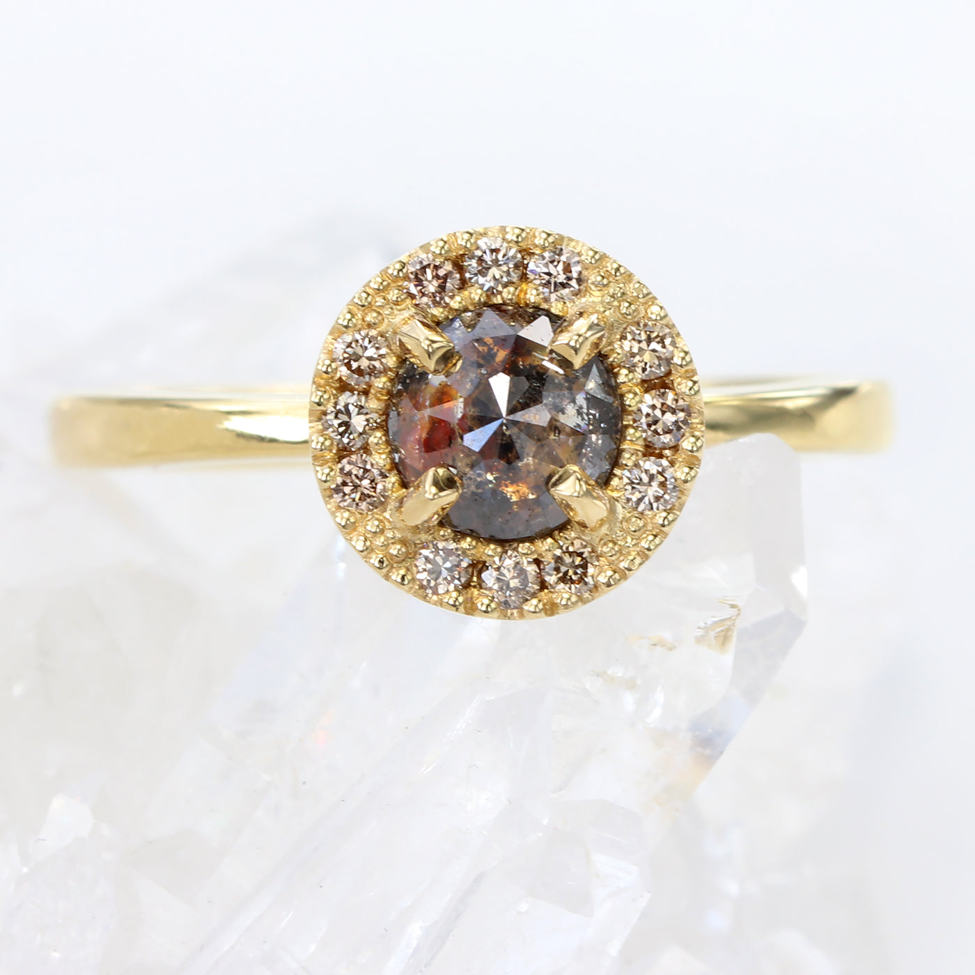 18ct Gold Cognac and Champagne Diamond Halo Ring