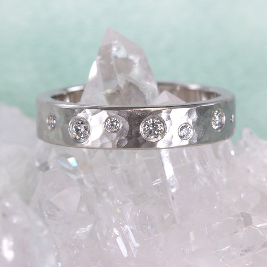 Custom Hammered Platinum Ring with Diamonds