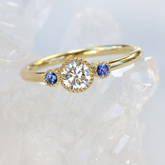 18ct Gold Diamond and Ceylon Blue Sapphire Trilogy Ring