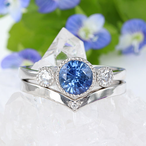 Platinum Ceylon Sapphire and Diamond Trilogy Wishbone Bridal Ring Set