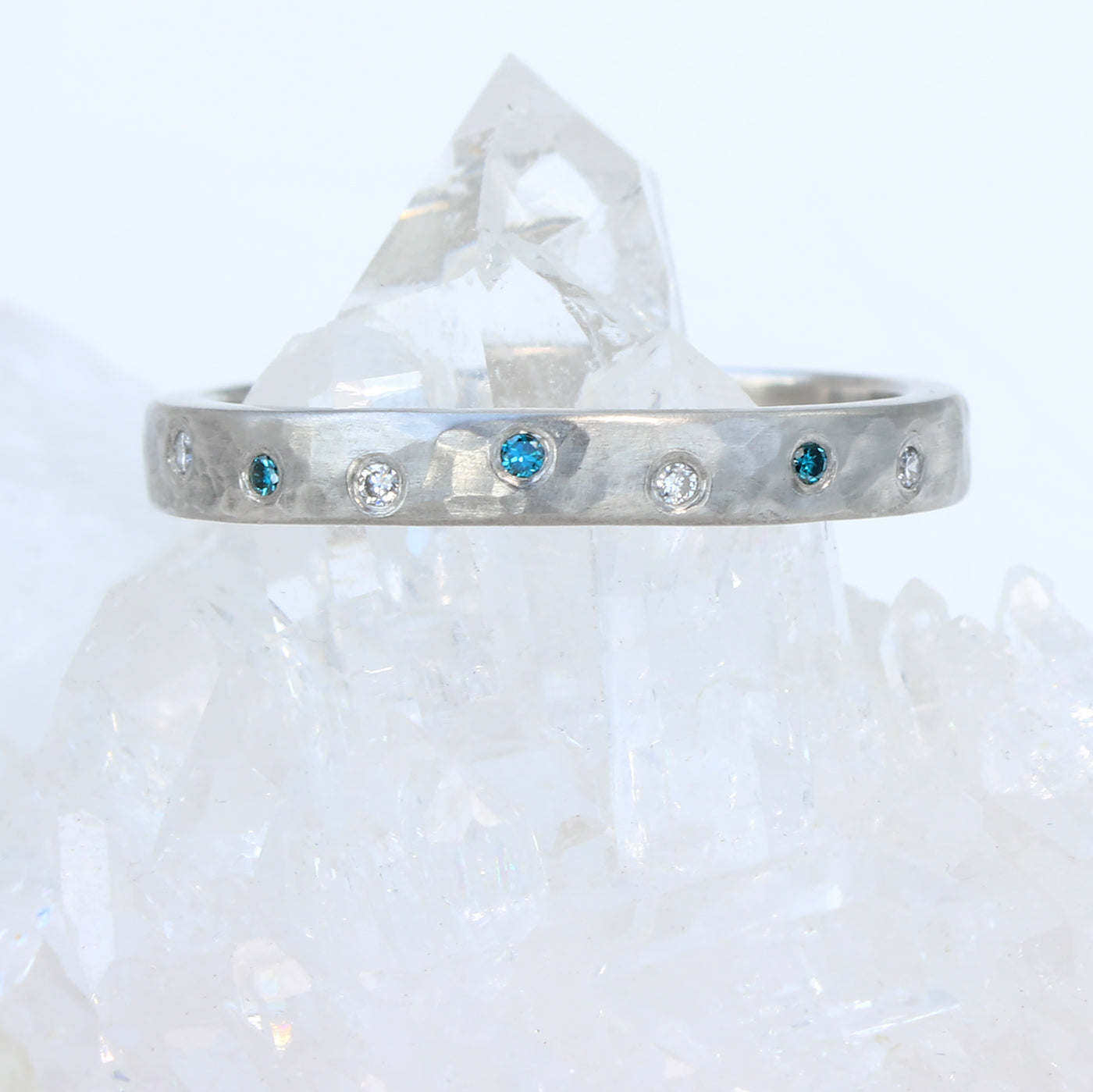 Bespoke Platinum Hammered Band with Blue and White Diamonds