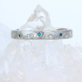 Custom Platinum Hammered Band with Blue and White Diamonds