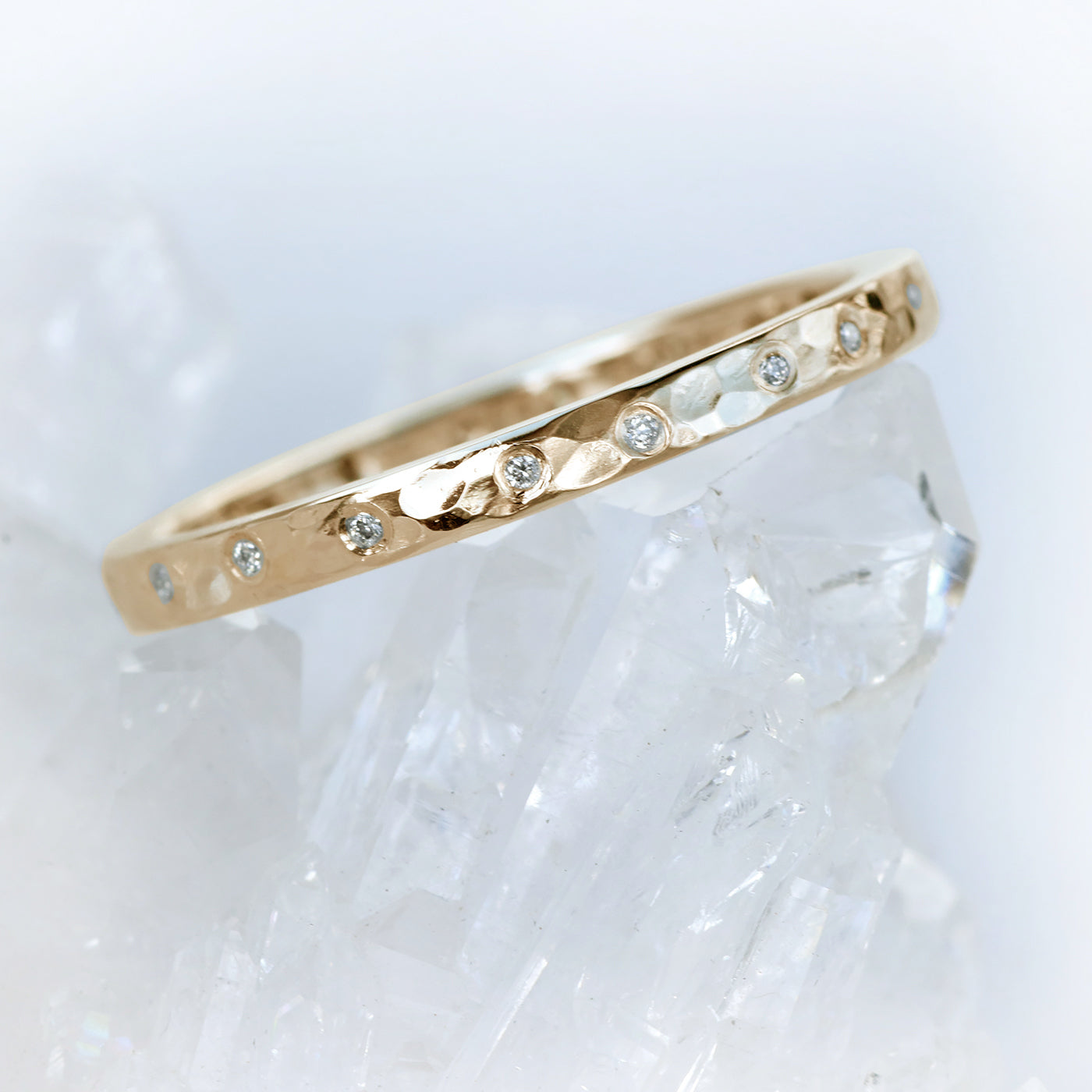18ct Rose Gold Slim Hammered 7 Diamond Studded Wedding Ring