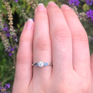 Custom Platinum Diamond and Sapphire Trilogy Ring