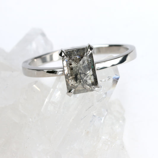 Platinum Claw Set Emerald Cut Salt & Pepper Diamond Engagement Ring