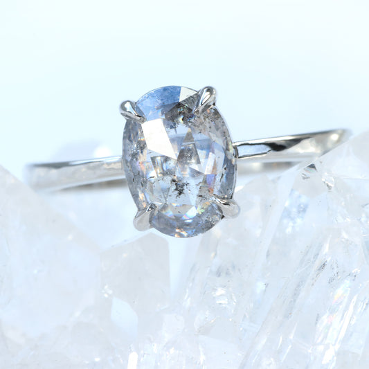 Platinum Oval Salt & Pepper Diamond Claw Set Solitaire Engagement Ring