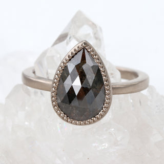 Lowenna - 18ct White Gold Rustic Pear Cut Black Diamond Solitaire Engagement Ring (Size K, Resize I - M)