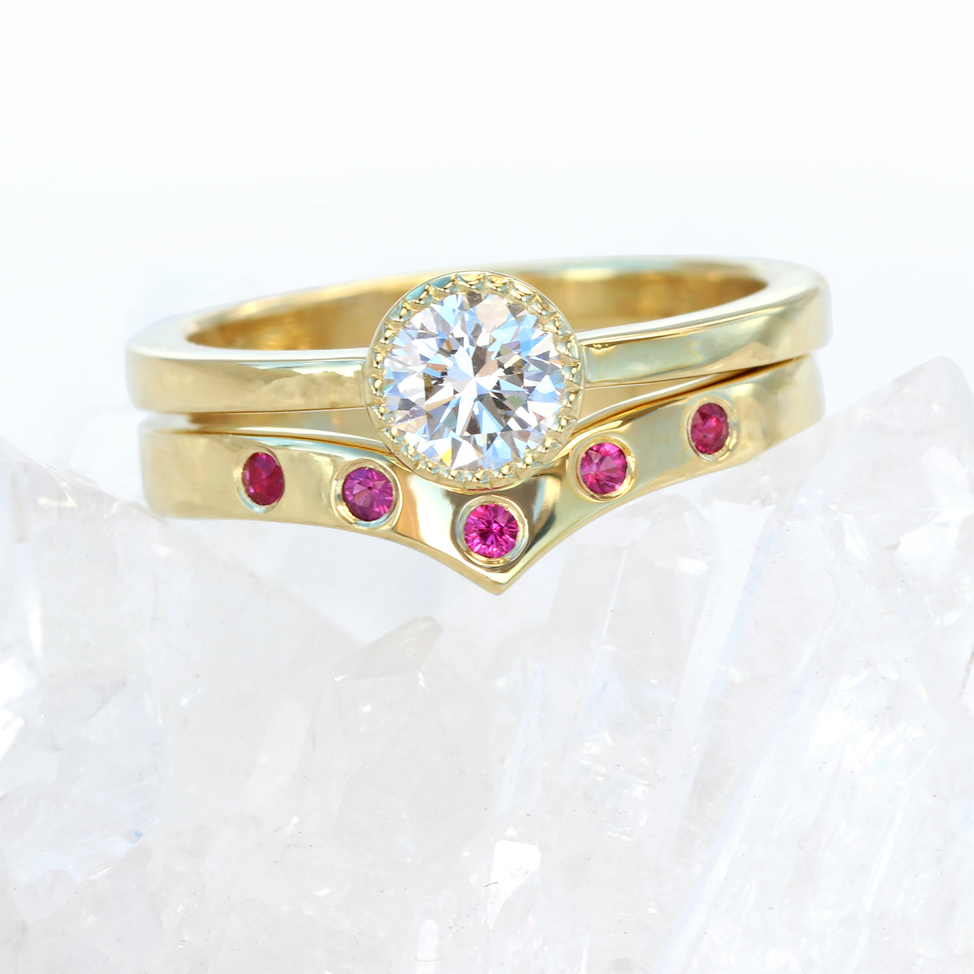 18ct Gold Diamond Solitaire Engagement & Ruby Wishbone Wedding Ring Set