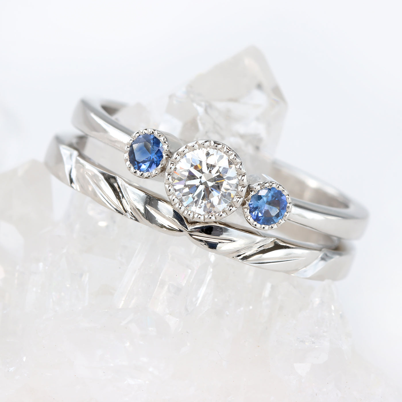 Platinum Diamond and Sapphire Trilogy Ring (Size L, Resize I - O)