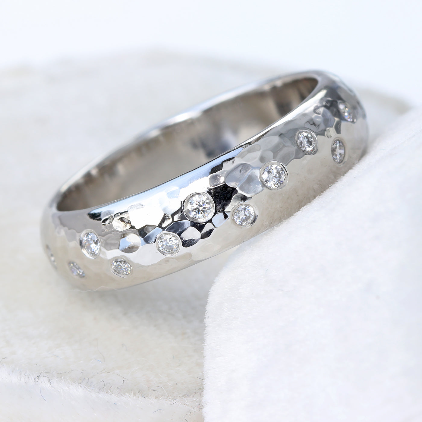 Chunky Hammered Diamond Wedding or Eternity Ring in Platinum - Size M 1/2