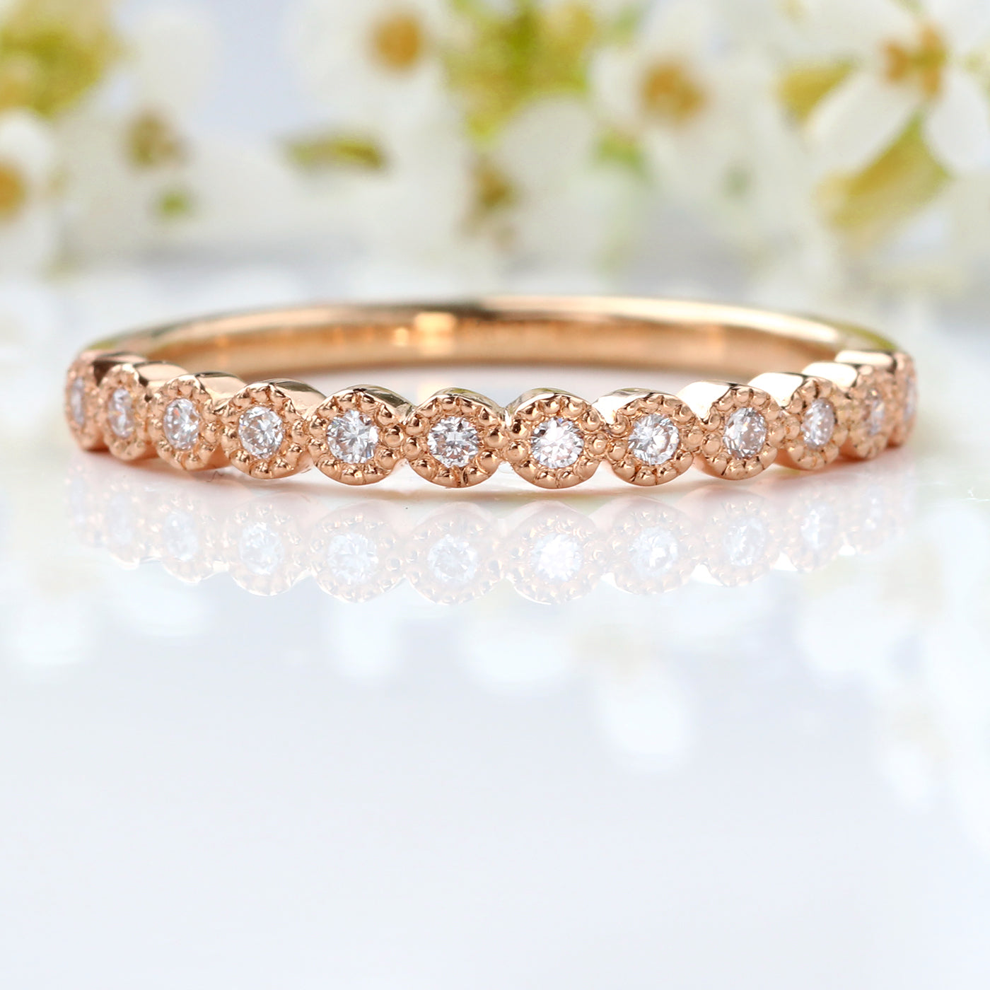 18ct Rose Gold Milgrain Diamond Half Eternity Ring