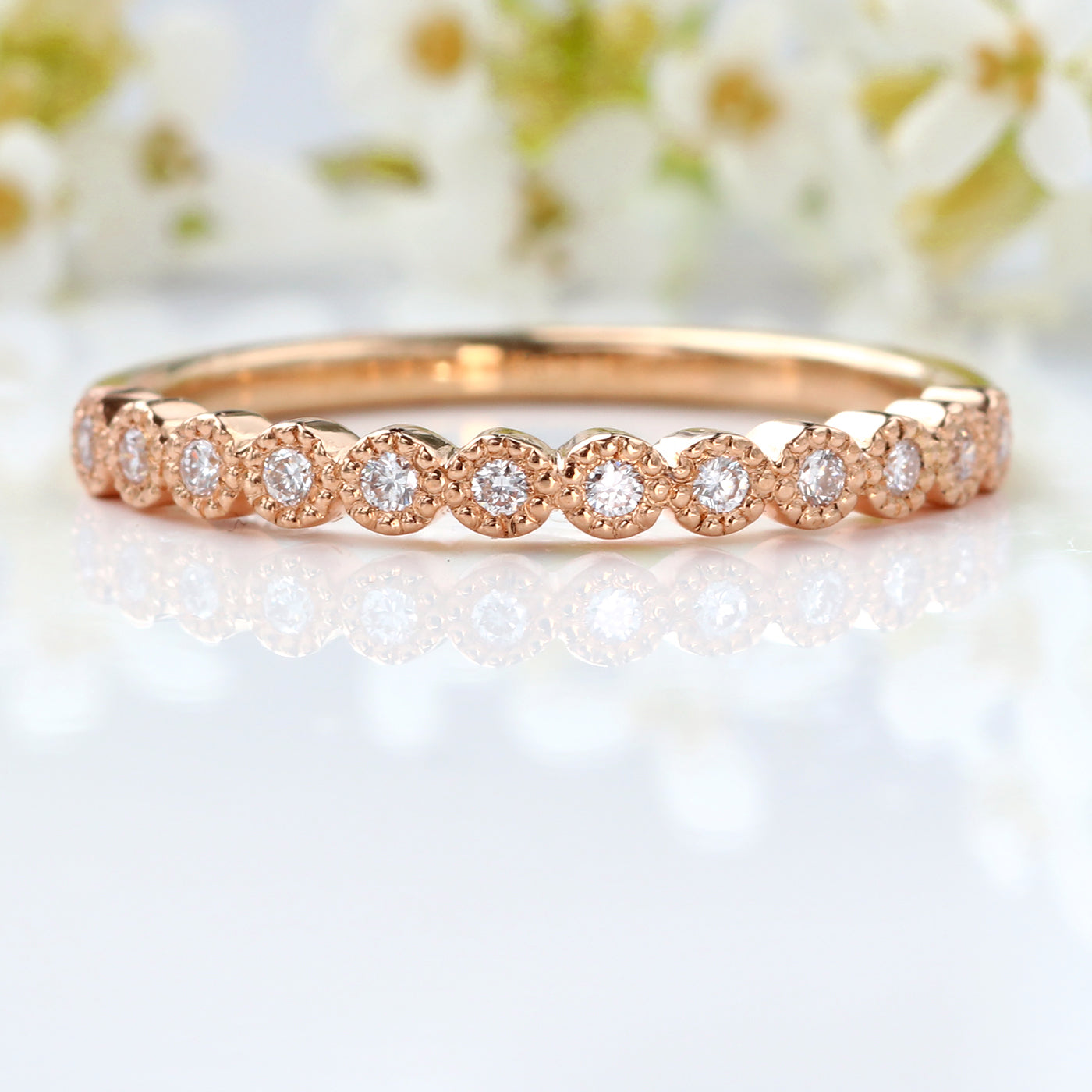 18ct Rose Gold Milgrain Engraved Diamond Wedding Ring