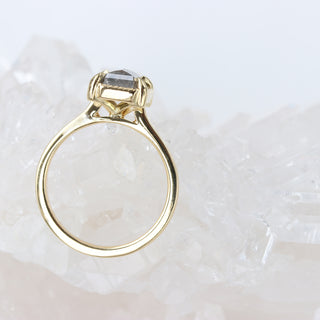 Side view of handmade 18ct gold salt and pepper diamond ring with milgrain detail.