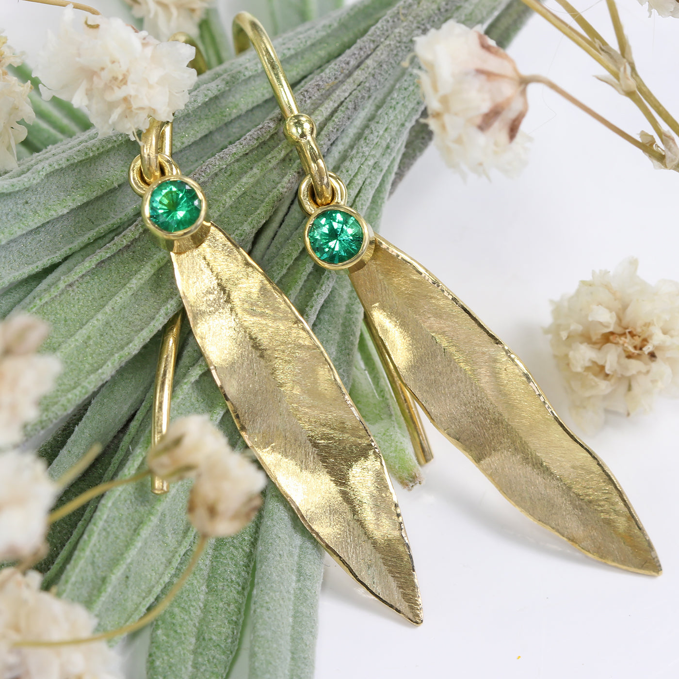 18ct Gold Emerald Leaf Earrings (May Birthstone)