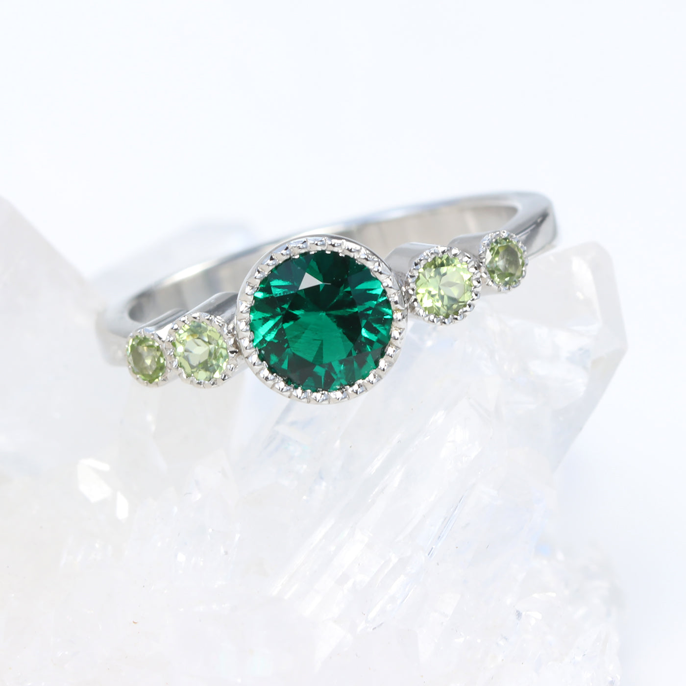 Platinum Bespoke Emerald and Peridot 5-Stone Engagement Ring