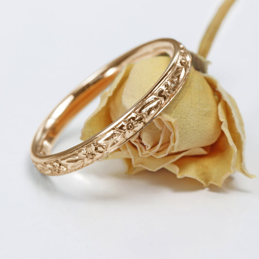 18ct Rose Gold Orange Blossom Engraved 2.5mm Comfort Fit Court Wedding Ring
