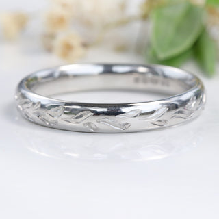 Platinum Engraved Leaves 3mm Comfort Fit Court Wedding Ring