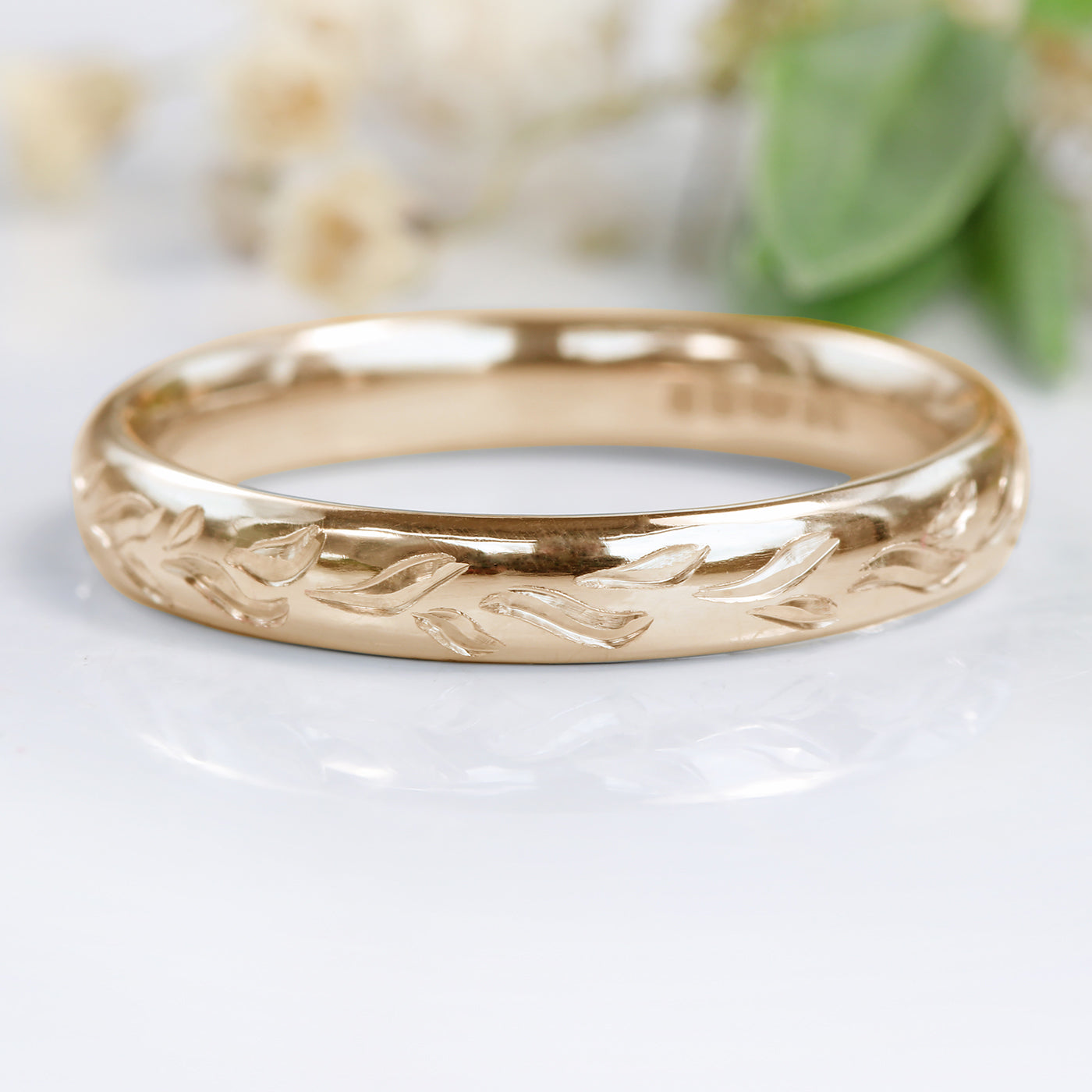 18ct Rose Gold Engraved Leaves 3mm Comfort Fit Court Wedding Ring