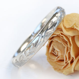 Platinum Engraved Leaves 3mm Comfort Fit Court Wedding Ring