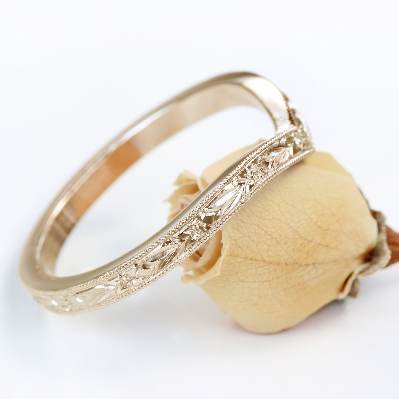 18ct Rose Gold Orange Blossom Engraved Wishbone Wedding Ring
