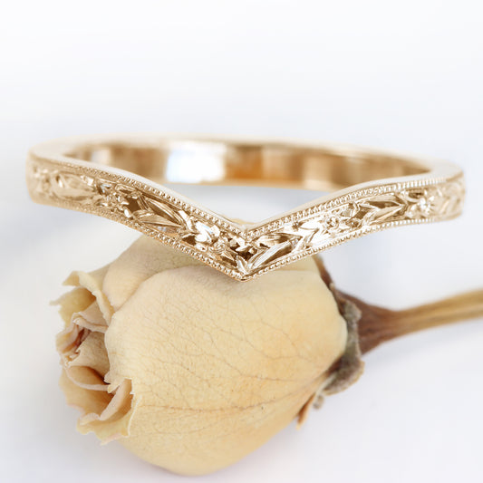 18ct Rose Gold Orange Blossom Engraved Wishbone Wedding Ring