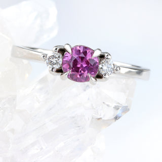 Custom Platinum Fuchsia Pink Sapphire and Diamond Trilogy Engagement Ring (Size N, Resize K - Q)