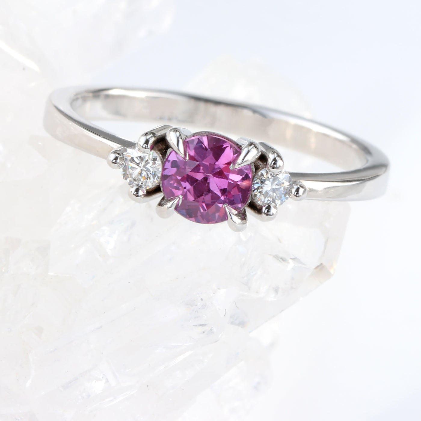 Platinum Fuchsia Pink Sapphire and Diamond Trilogy Engagement Ring (Size N, Resize K - Q)