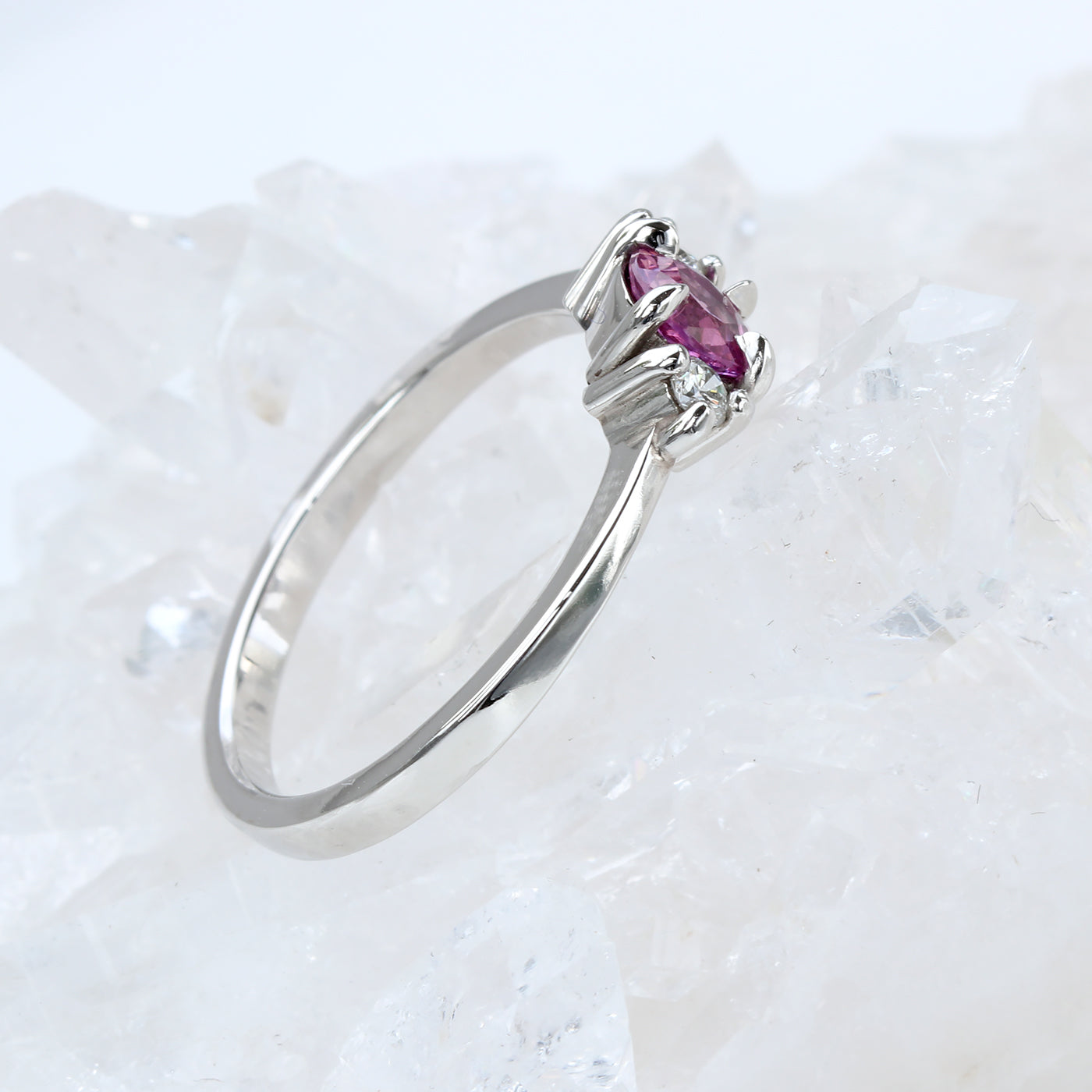 Platinum Fuchsia Pink Sapphire and Diamond Trilogy Engagement Ring (Size N, Resize K - Q)