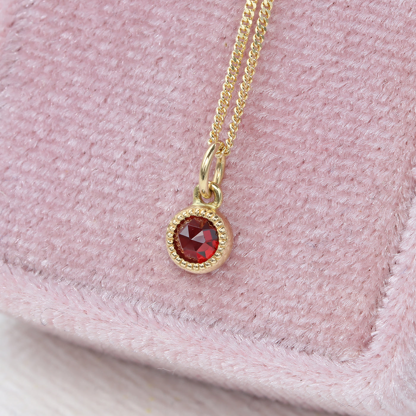 Petite 18ct Gold Rose Cut Garnet Pendant and Chain