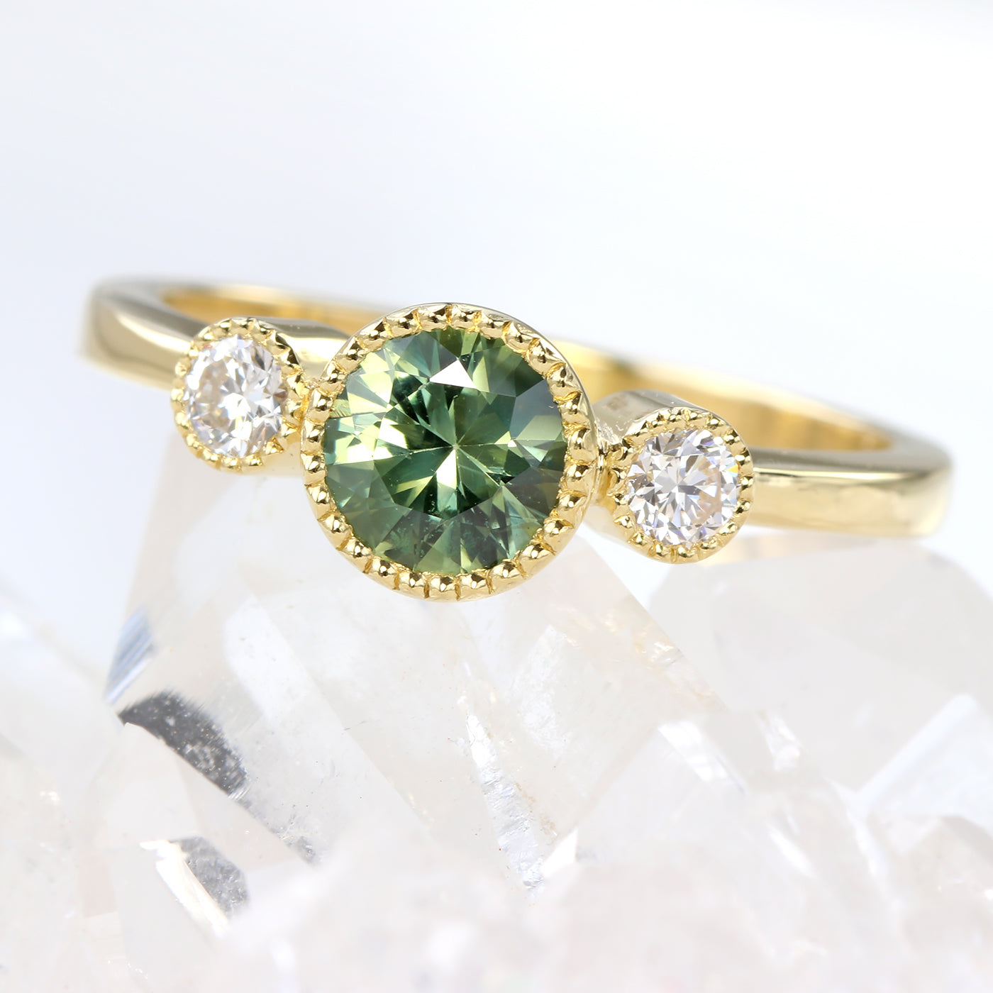 18ct Gold Green Sapphire and Diamond Trilogy Engagement Ring