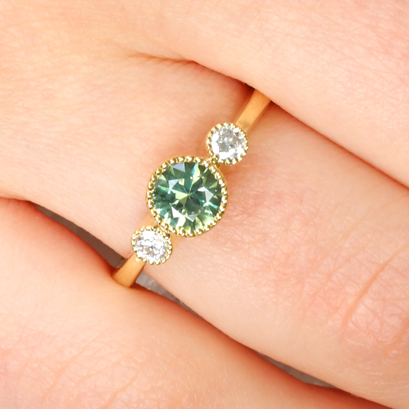 18ct Gold Green Sapphire and Diamond Trilogy Engagement Ring