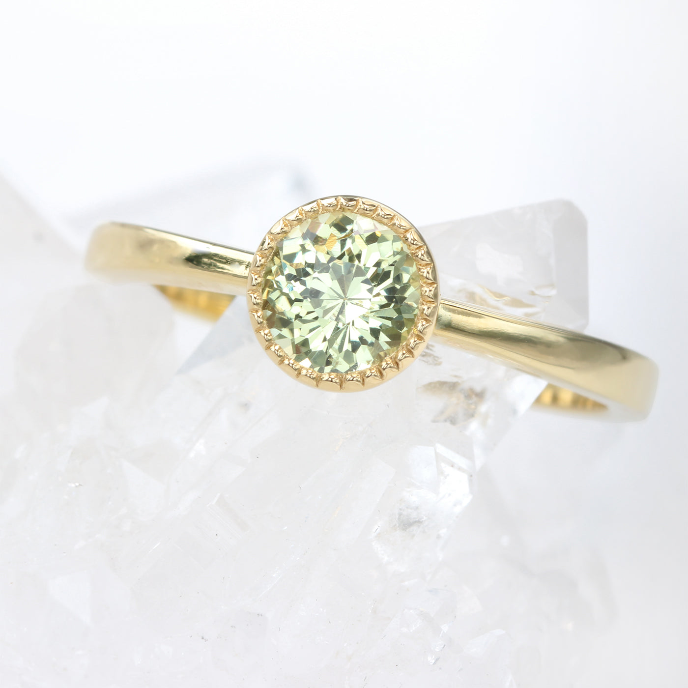 18ct Gold Milgrain Engraved Pale Green Sapphire Solitaire Engagement Ring