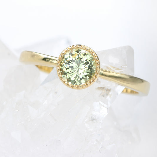 18ct Gold Milgrain Engraved Pale Green Sapphire Solitaire Engagement Ring