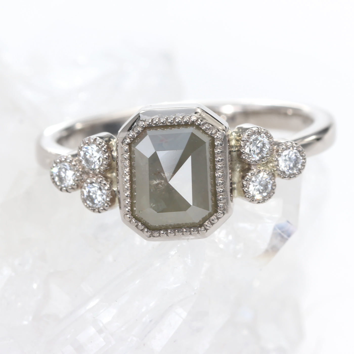 18ct Gold Emerald Cut Natural Grey Diamond Cluster Ring