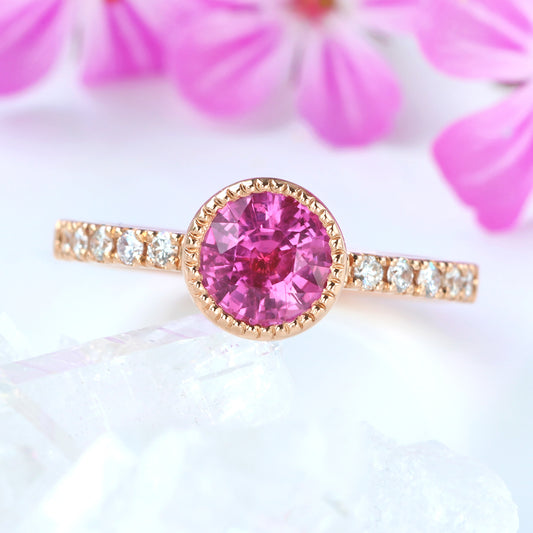 Rose Gold Hot Pink Sapphire Milgrain Solitaire Engagement Ring with Diamond Pavé Band