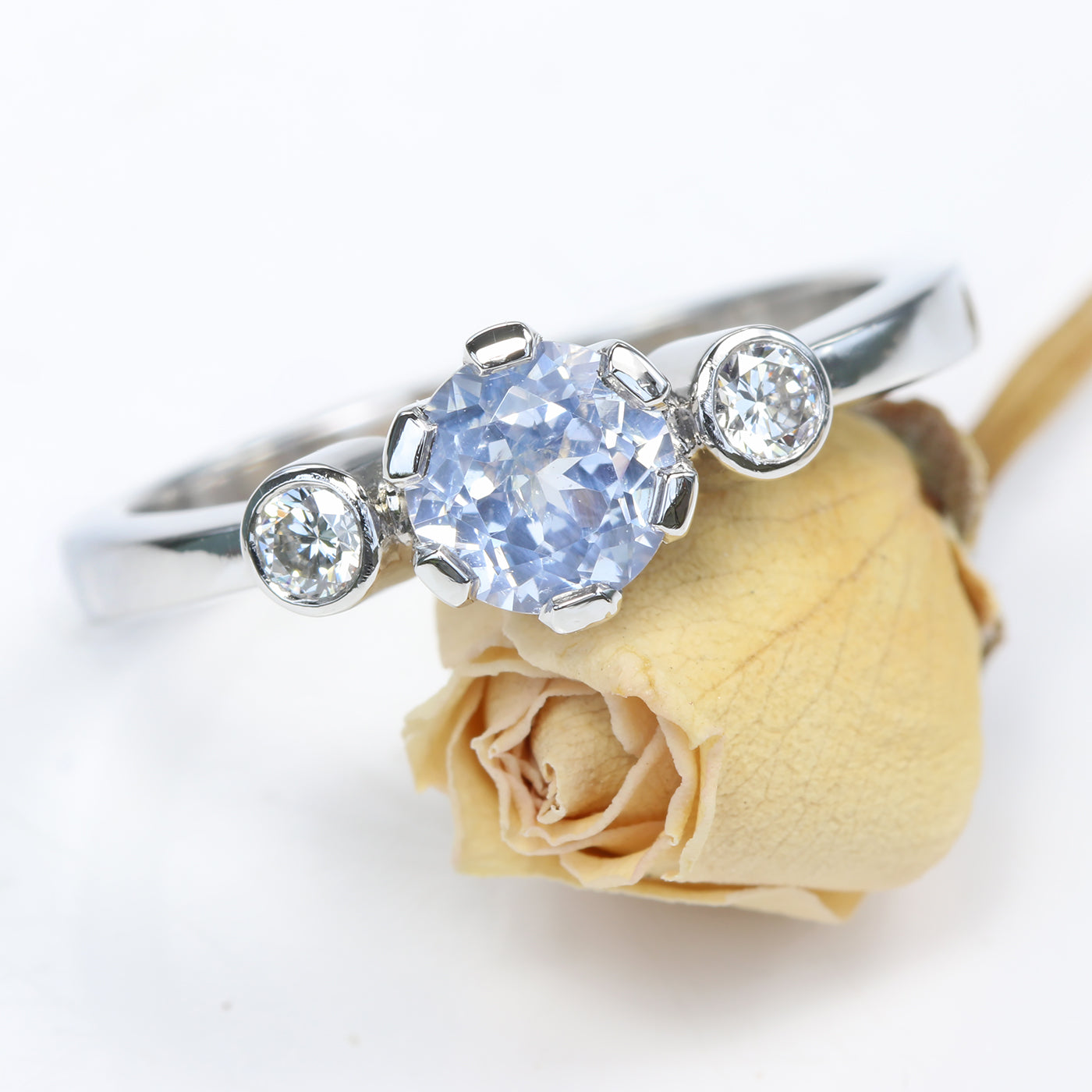 Custom Icy Lavender Sapphire and Diamond Platinum Trilogy Engagement Ring