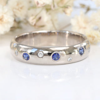 Scatter blue sapphire and diamond 4mm half round eternity or wedding band, handmade from 18ct white gold