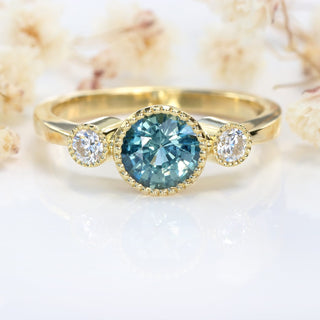 Bespoke Kerensa 18ct Gold Teal Sapphire & Diamond Trilogy Engagement Ring