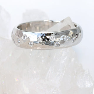 6mm wide 950 platinum hammered wedding band set with a scattering of fair trade diamonds