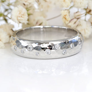 Chunky 6mm wide platinum hammered eternity or wedding band, set with fair trade diamonds
